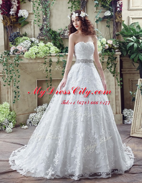 Dynamic White Wedding Dresses Sweetheart Sleeveless Court Train Lace Up