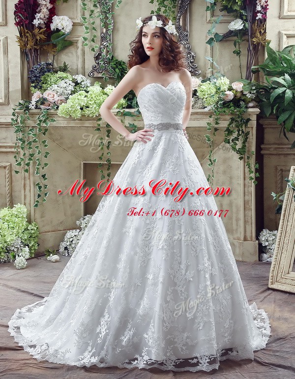 Dynamic White Wedding Dresses Sweetheart Sleeveless Court Train Lace Up