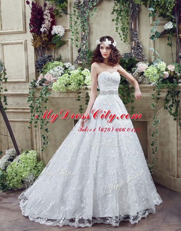 Dynamic White Wedding Dresses Sweetheart Sleeveless Court Train Lace Up