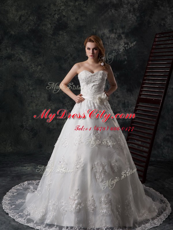 Sweet White Lace Lace Up Wedding Gowns Sleeveless Court Train Beading and Appliques and Hand Made Flower