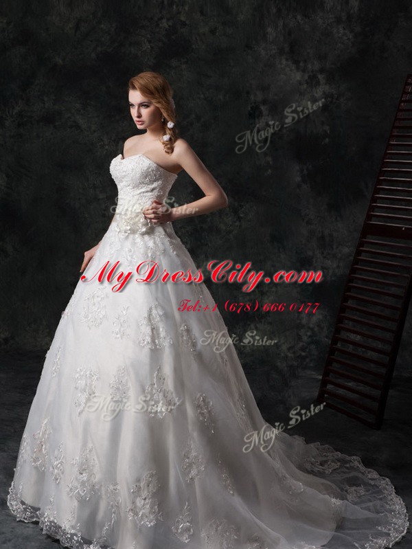 Sweet White Lace Lace Up Wedding Gowns Sleeveless Court Train Beading and Appliques and Hand Made Flower