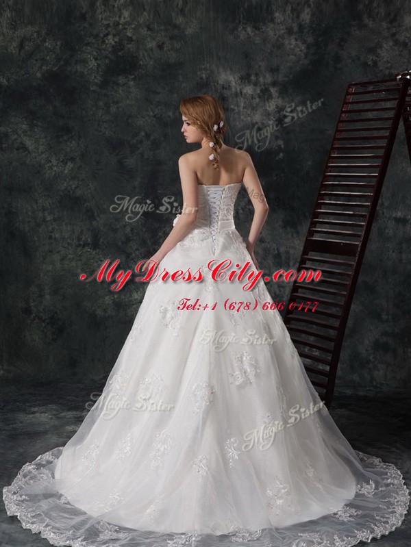 Sweet White Lace Lace Up Wedding Gowns Sleeveless Court Train Beading and Appliques and Hand Made Flower