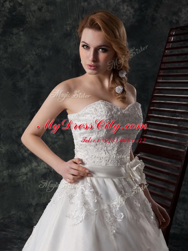 Sweet White Lace Lace Up Wedding Gowns Sleeveless Court Train Beading and Appliques and Hand Made Flower