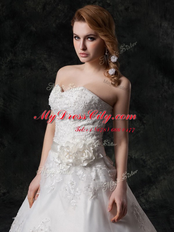 Sweet White Lace Lace Up Wedding Gowns Sleeveless Court Train Beading and Appliques and Hand Made Flower