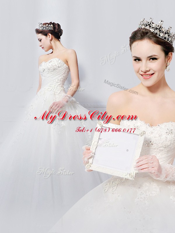 Fine White Ball Gowns Tulle Sweetheart Sleeveless Beading and Appliques With Train Lace Up Bridal Gown Brush Train