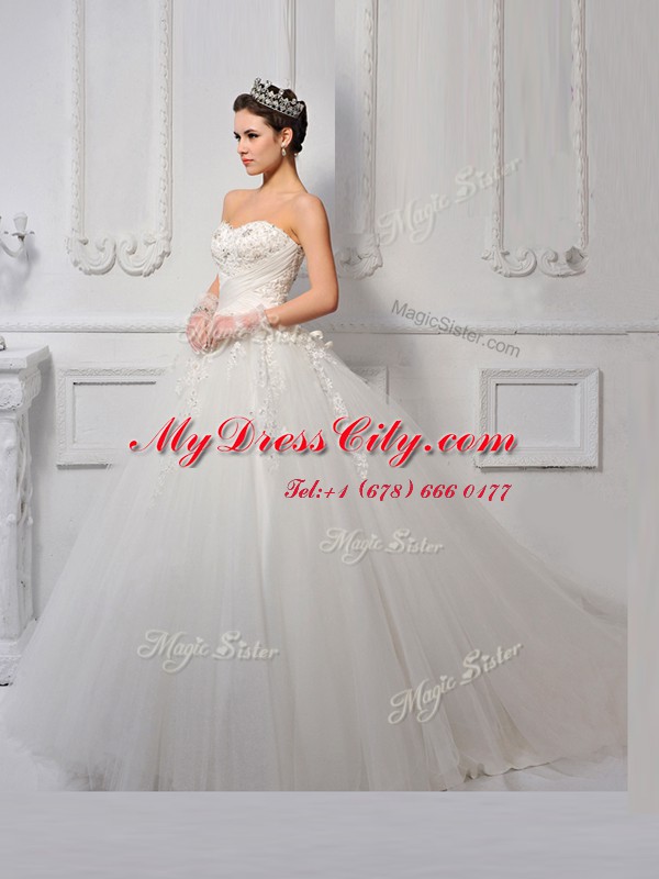 Fine White Ball Gowns Tulle Sweetheart Sleeveless Beading and Appliques With Train Lace Up Bridal Gown Brush Train