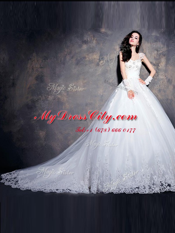 Edgy White Lace Up Wedding Gowns Beading and Appliques Cap Sleeves With Train Court Train