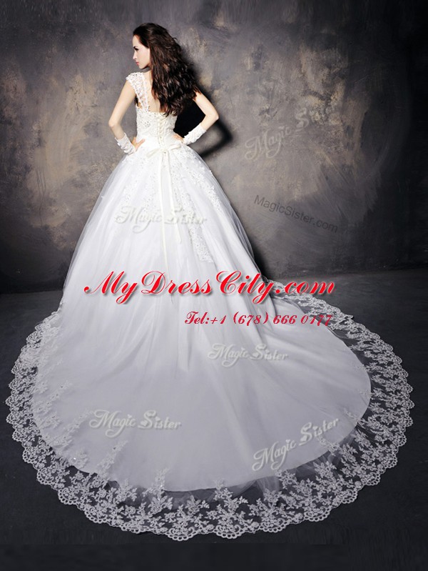 Edgy White Lace Up Wedding Gowns Beading and Appliques Cap Sleeves With Train Court Train