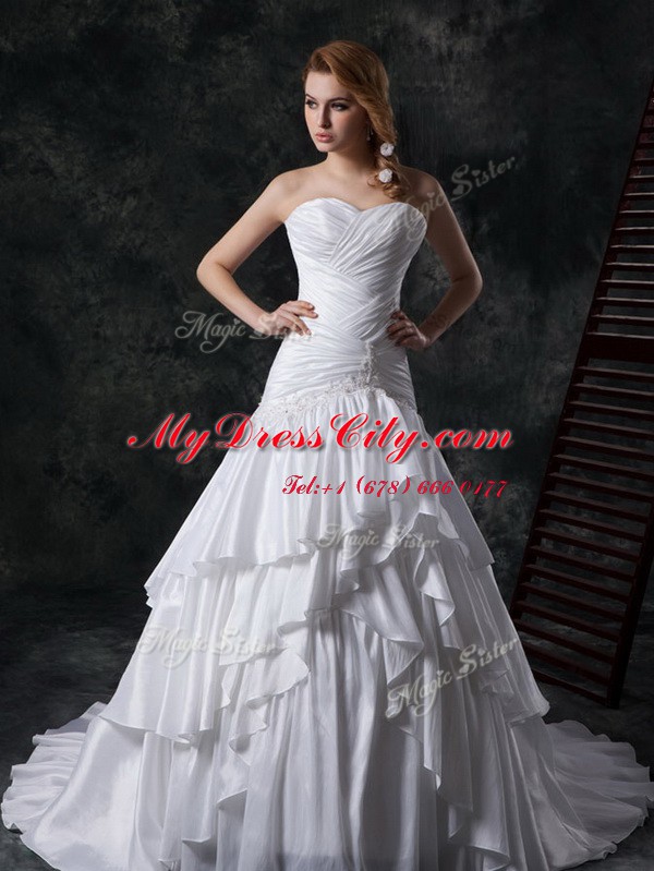 Sleeveless Ruffled Layers and Ruching Lace Up Wedding Gown with White Brush Train