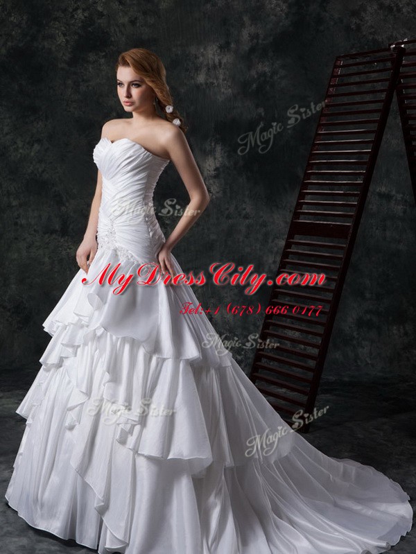 Sleeveless Ruffled Layers and Ruching Lace Up Wedding Gown with White Brush Train