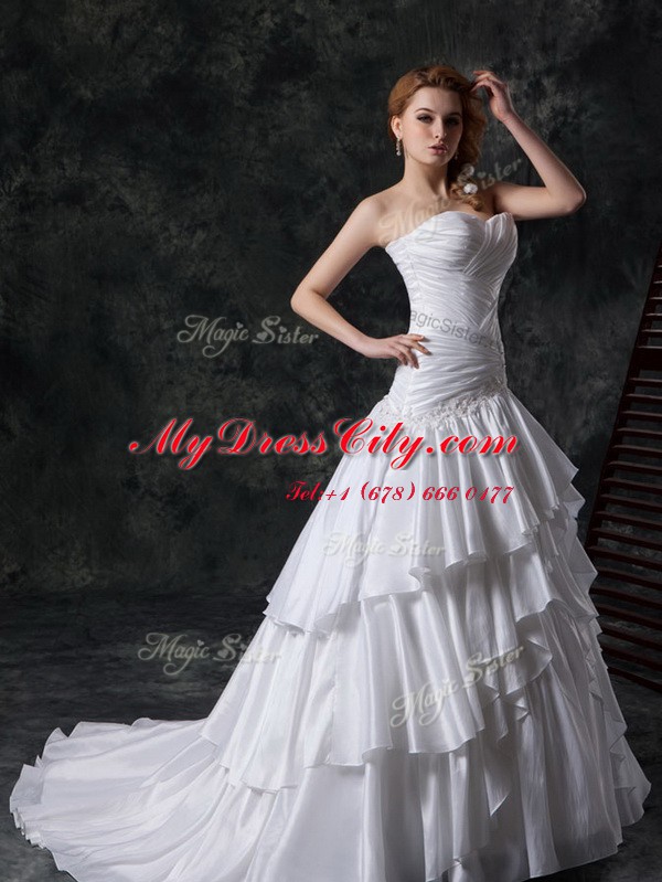 Sleeveless Ruffled Layers and Ruching Lace Up Wedding Gown with White Brush Train