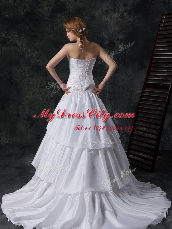 Sleeveless Ruffled Layers and Ruching Lace Up Wedding Gown with White Brush Train