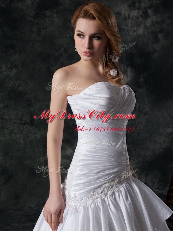 Sleeveless Ruffled Layers and Ruching Lace Up Wedding Gown with White Brush Train