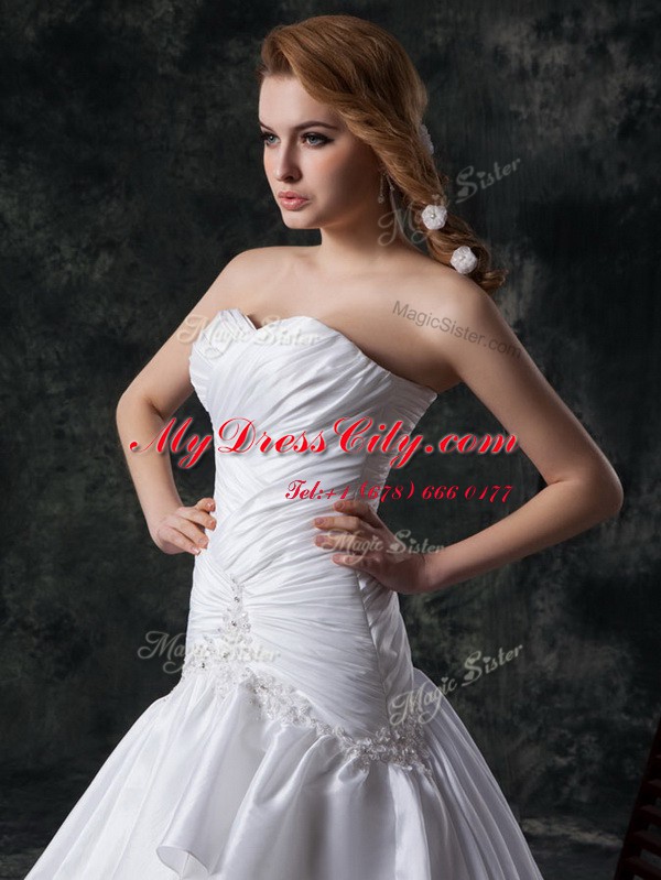 Sleeveless Ruffled Layers and Ruching Lace Up Wedding Gown with White Brush Train