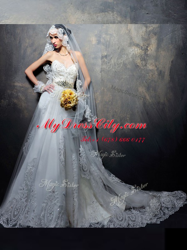 Classical White Empire Chiffon Sweetheart Sleeveless Beading and Appliques With Train Lace Up Wedding Dress Court Train