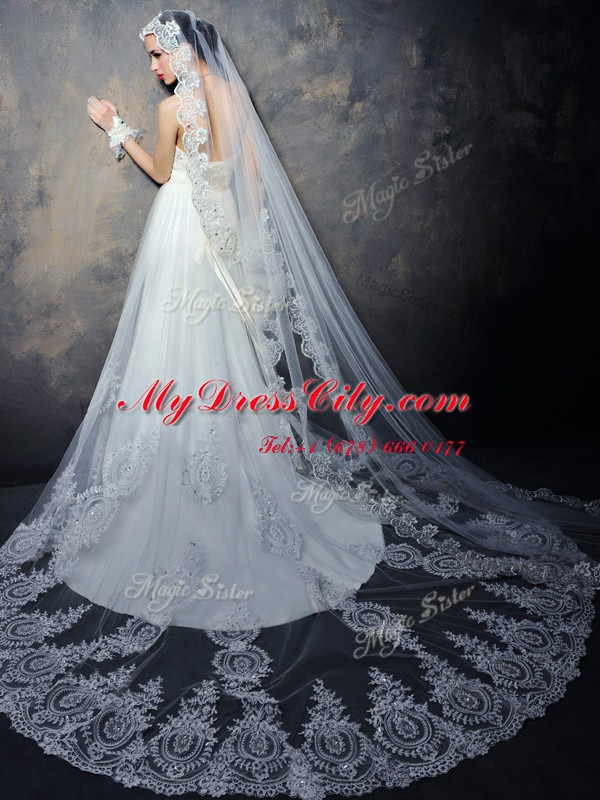 Classical White Empire Chiffon Sweetheart Sleeveless Beading and Appliques With Train Lace Up Wedding Dress Court Train