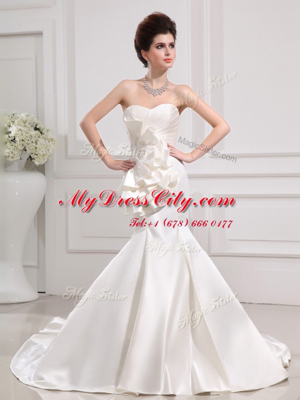 Sumptuous Mermaid Ruffled Sleeveless Satin With Train Court Train Zipper Wedding Gowns in White with Ruffles and Ruching