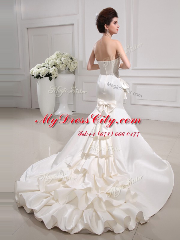 Sumptuous Mermaid Ruffled Sleeveless Satin With Train Court Train Zipper Wedding Gowns in White with Ruffles and Ruching