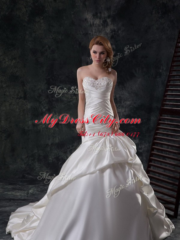 Mermaid Sleeveless Court Train Beading and Ruching Lace Up Wedding Gowns