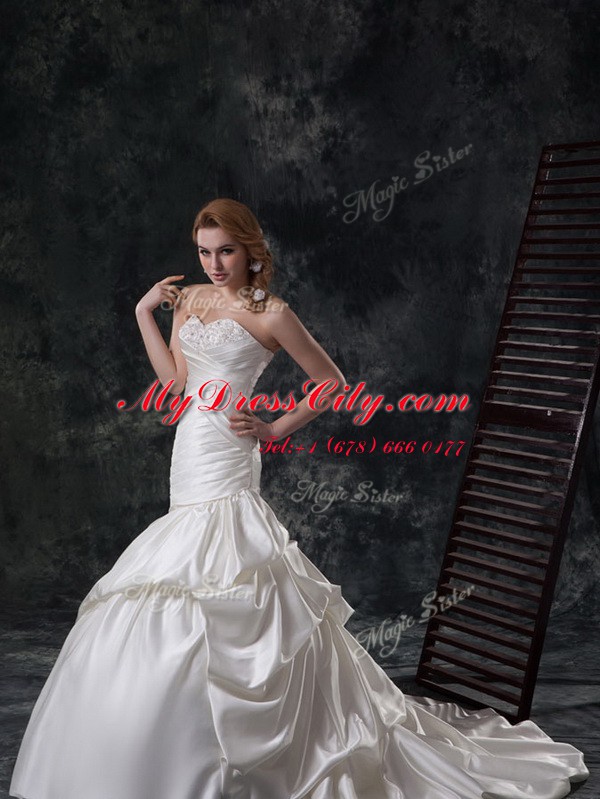 Mermaid Sleeveless Court Train Beading and Ruching Lace Up Wedding Gowns