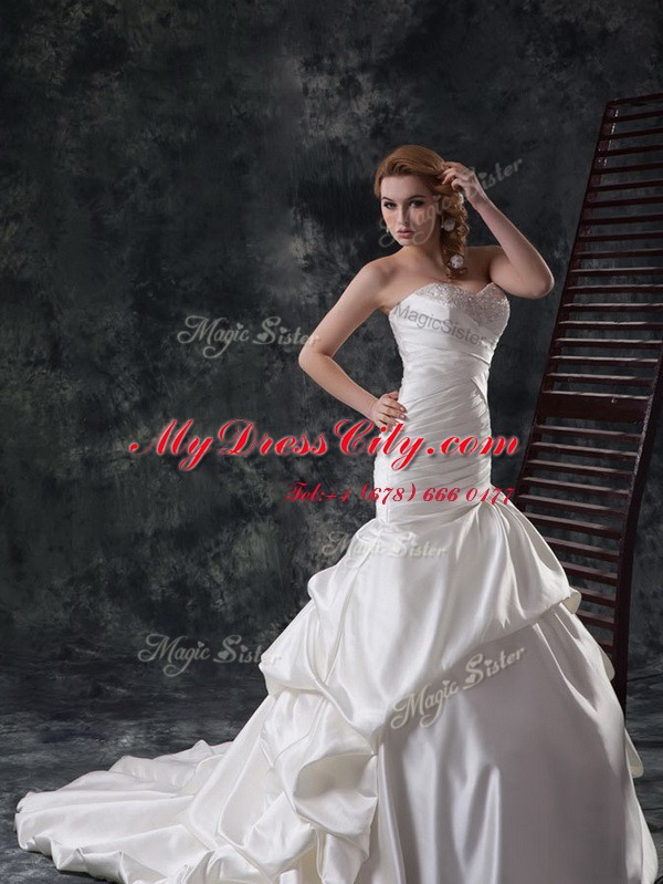 Mermaid Sleeveless Court Train Beading and Ruching Lace Up Wedding Gowns