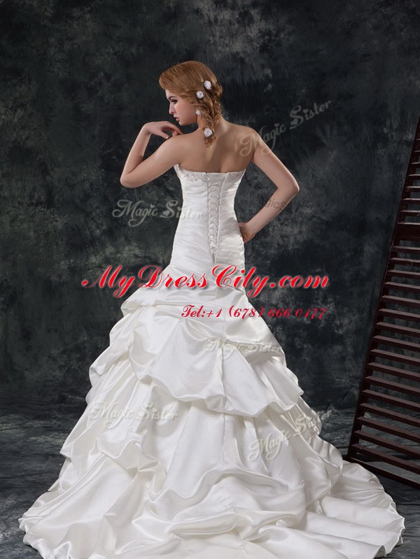 Mermaid Sleeveless Court Train Beading and Ruching Lace Up Wedding Gowns