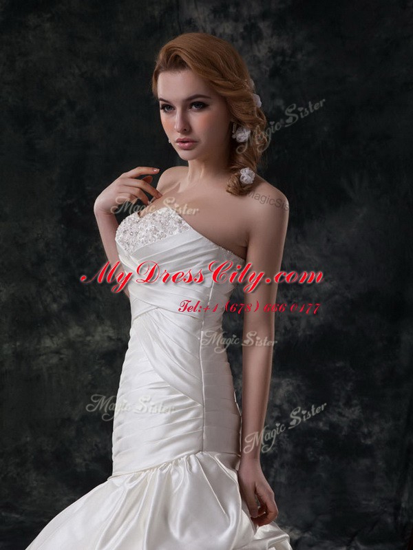 Mermaid Sleeveless Court Train Beading and Ruching Lace Up Wedding Gowns