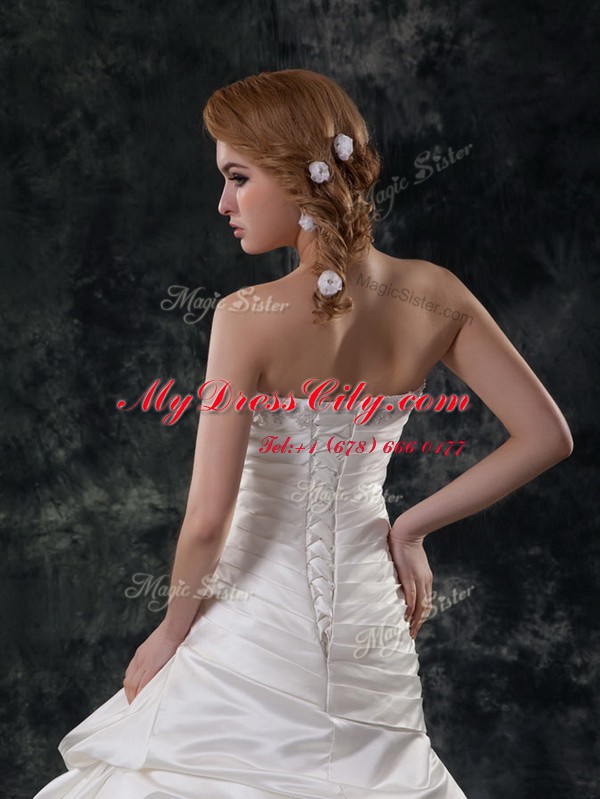 Mermaid Sleeveless Court Train Beading and Ruching Lace Up Wedding Gowns