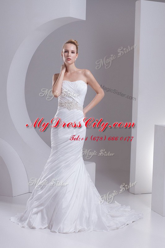 Modest Mermaid White Strapless Neckline Beading and Appliques and Ruching Bridal Gown Sleeveless Lace Up