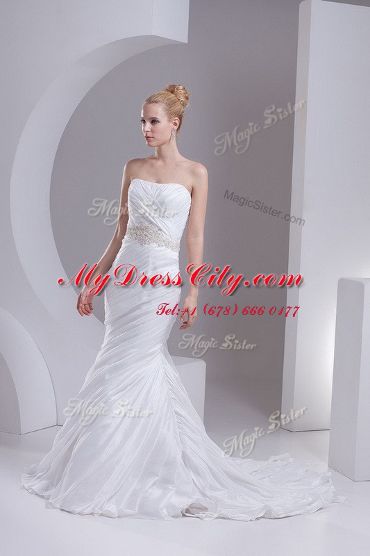 Modest Mermaid White Strapless Neckline Beading and Appliques and Ruching Bridal Gown Sleeveless Lace Up