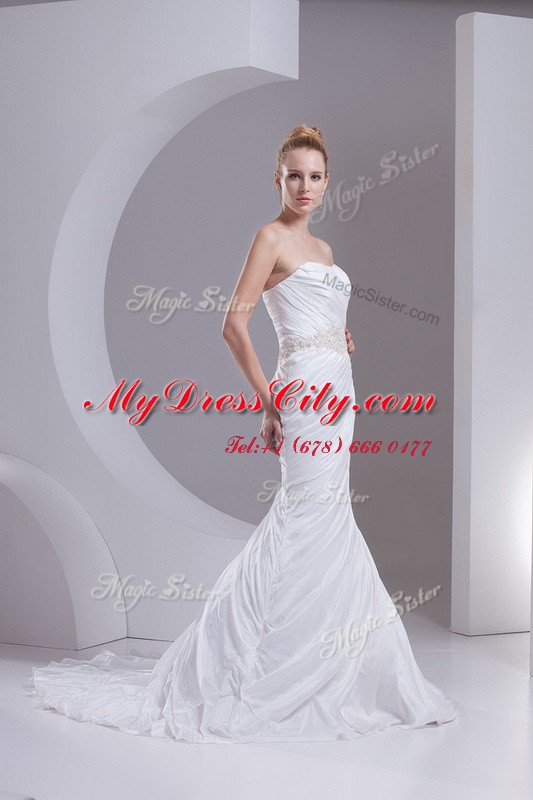 Modest Mermaid White Strapless Neckline Beading and Appliques and Ruching Bridal Gown Sleeveless Lace Up