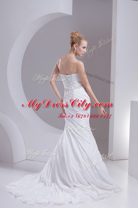 Modest Mermaid White Strapless Neckline Beading and Appliques and Ruching Bridal Gown Sleeveless Lace Up