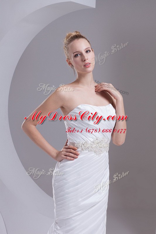 Modest Mermaid White Strapless Neckline Beading and Appliques and Ruching Bridal Gown Sleeveless Lace Up