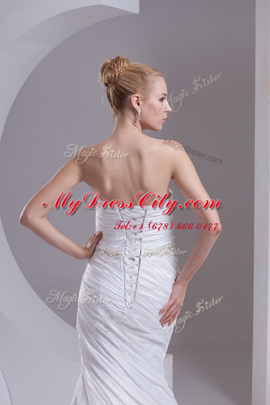 Modest Mermaid White Strapless Neckline Beading and Appliques and Ruching Bridal Gown Sleeveless Lace Up