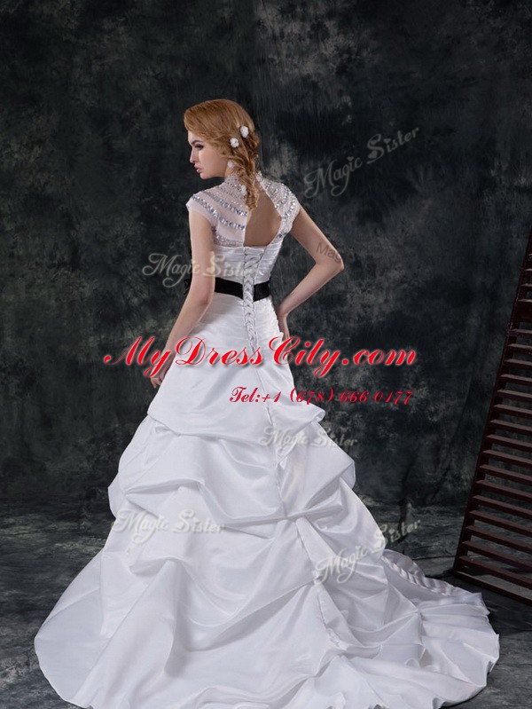 Pick Ups White Cap Sleeves Taffeta Brush Train Lace Up Wedding Dress for Wedding Party