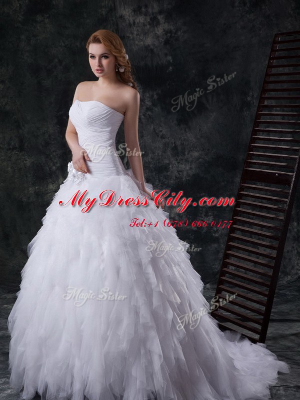 Fantastic White Wedding Gown Wedding Party and For with Beading and Ruffles and Ruching and Hand Made Flower Strapless Sleeveless Brush Train Lace Up