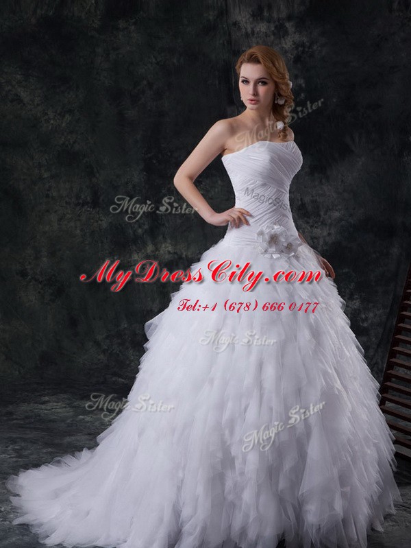 Fantastic White Wedding Gown Wedding Party and For with Beading and Ruffles and Ruching and Hand Made Flower Strapless Sleeveless Brush Train Lace Up