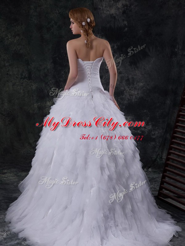 Fantastic White Wedding Gown Wedding Party and For with Beading and Ruffles and Ruching and Hand Made Flower Strapless Sleeveless Brush Train Lace Up