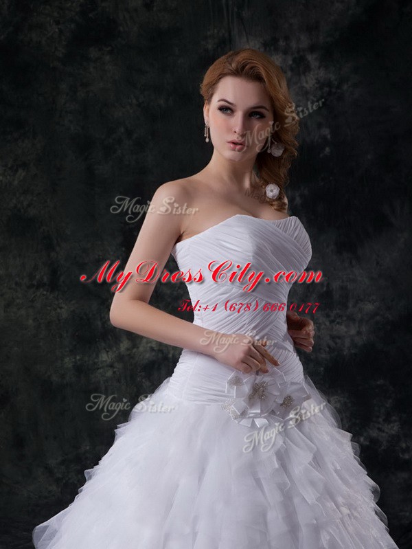 Fantastic White Wedding Gown Wedding Party and For with Beading and Ruffles and Ruching and Hand Made Flower Strapless Sleeveless Brush Train Lace Up