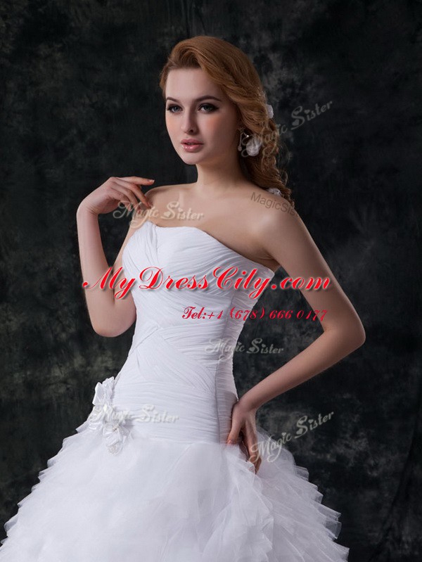 Fantastic White Wedding Gown Wedding Party and For with Beading and Ruffles and Ruching and Hand Made Flower Strapless Sleeveless Brush Train Lace Up