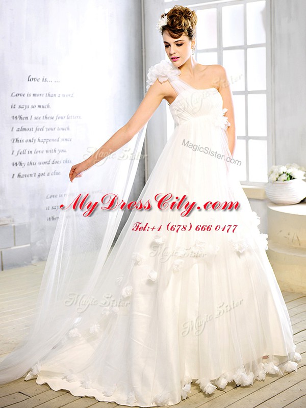 Custom Fit One Shoulder White Sleeveless Tulle Brush Train Lace Up Wedding Gowns for Wedding Party