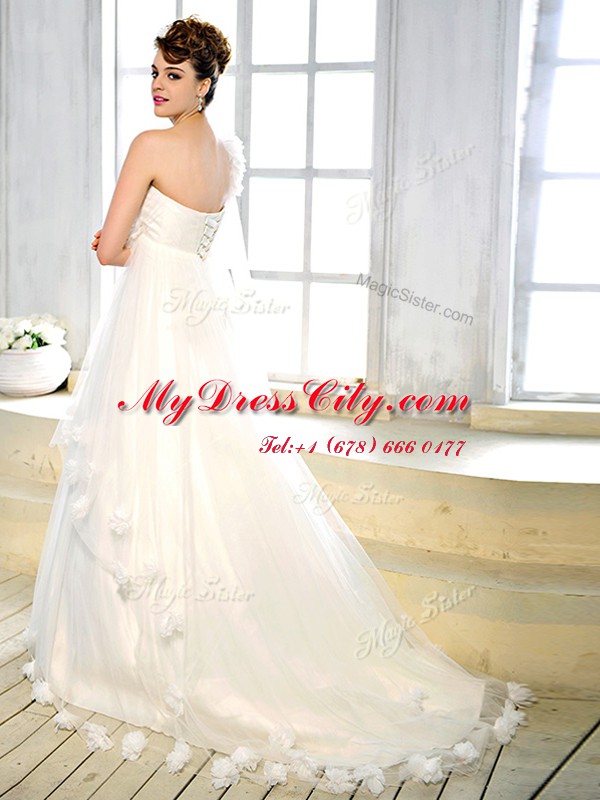 Custom Fit One Shoulder White Sleeveless Tulle Brush Train Lace Up Wedding Gowns for Wedding Party