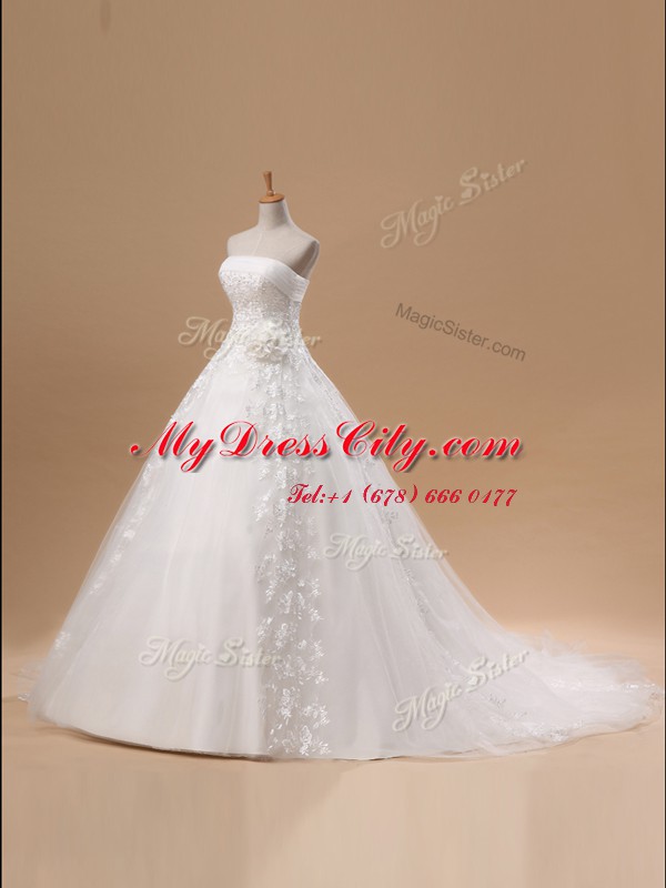 Pretty White Sleeveless Court Train Lace and Appliques and Hand Made Flower With Train Bridal Gown