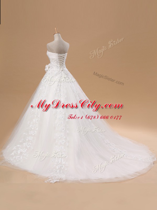 Pretty White Sleeveless Court Train Lace and Appliques and Hand Made Flower With Train Bridal Gown