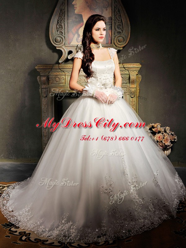 Enchanting White Cap Sleeves Brush Train Beading and Appliques With Train Wedding Gown