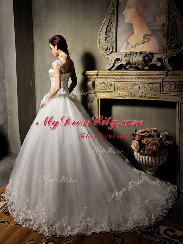 Enchanting White Cap Sleeves Brush Train Beading and Appliques With Train Wedding Gown