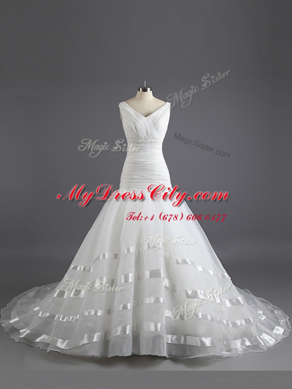 Dramatic White Organza Lace Up Wedding Gown Sleeveless With Train Court Train Ruching