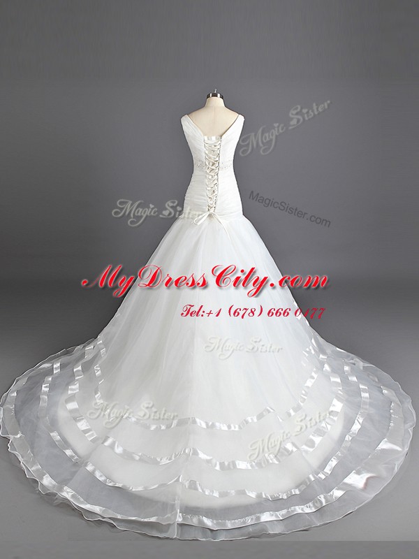 Dramatic White Organza Lace Up Wedding Gown Sleeveless With Train Court Train Ruching