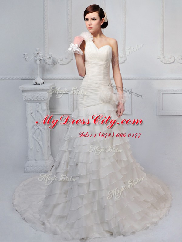 Classical White One Shoulder Neckline Ruffled Layers and Ruching and Hand Made Flower Bridal Gown Sleeveless Lace Up