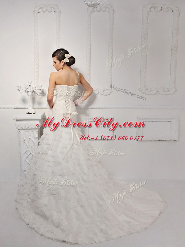 Classical White One Shoulder Neckline Ruffled Layers and Ruching and Hand Made Flower Bridal Gown Sleeveless Lace Up